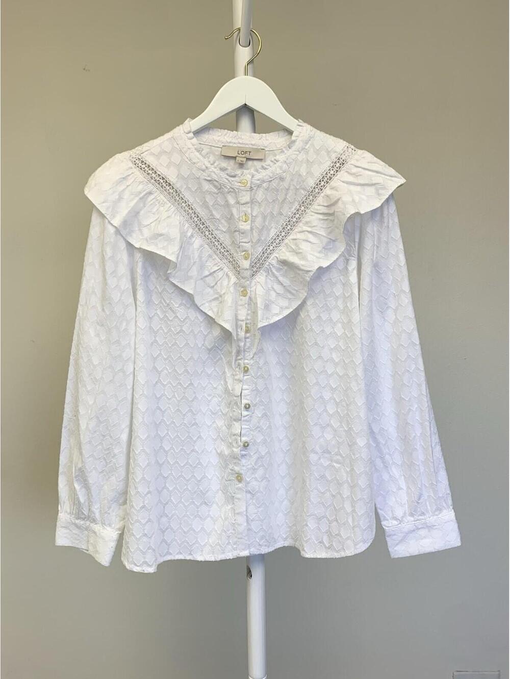 New LOFT 100% Cotton White Blouse Sz Large L Womens Long sleeve